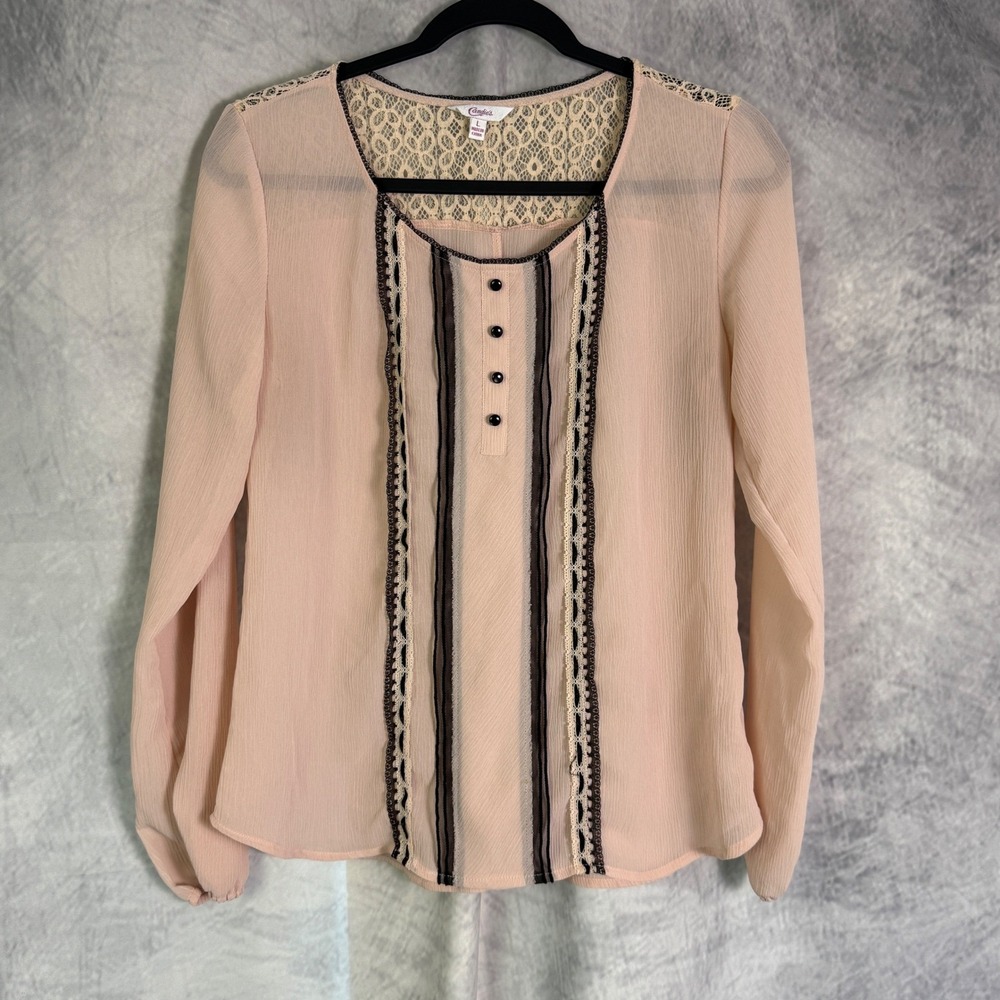 y2k y210 Candies Blouse Womens sz L Pink Cottagecore Coquette Feminine Lace Trim